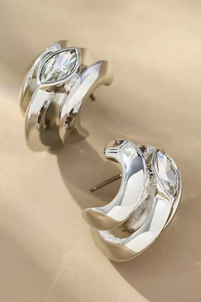 By Anthropologie Center Crystal Ribbed Huggie Earrings In Silver