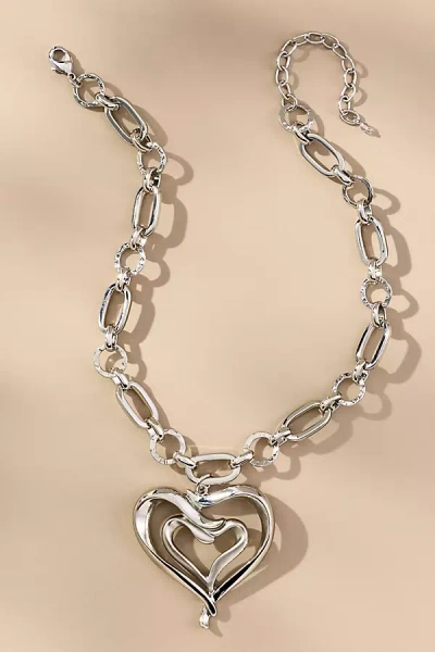 By Anthropologie Chunky Chain Heart Pendant Necklace In Silver