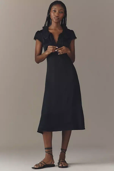 By Anthropologie Collared Short-sleeve Midi Dress In Black