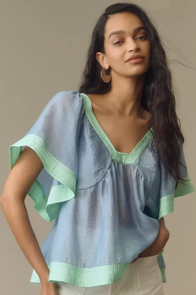 By Anthropologie Colorblock Babydoll Top In Blue