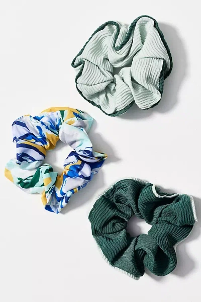 By Anthropologie Colorblock Pattern Scrunchies, Set Of 3 In Green