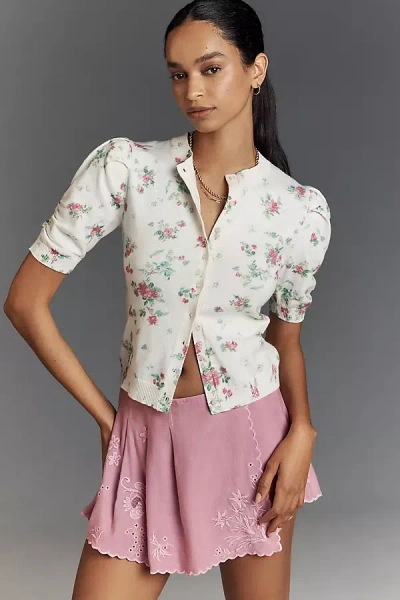 By Anthropologie Cotton Cashmere Puff-sleeve Crew-neck Cardigan Sweater