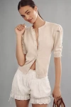 By Anthropologie Cotton Cashmere Puff-sleeve Crew-neck Cardigan Sweater In Beige