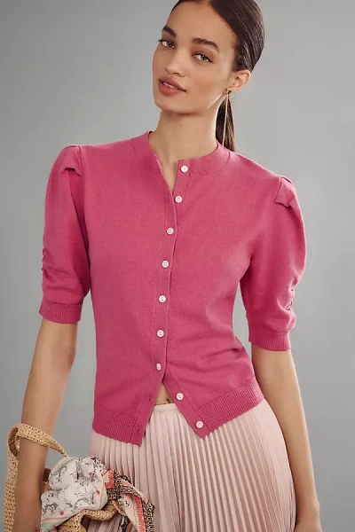 By Anthropologie Cotton Cashmere Puff-sleeve Crew-neck Cardigan Sweater In Pink