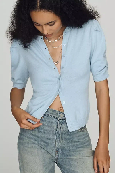 By Anthropologie Cotton Cashmere Puff-sleeve Crew-neck Cardigan Sweater In Blue