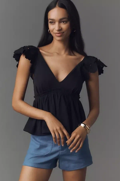 By Anthropologie Cotton Flutter-sleeve V-neck Babydoll Top In Black