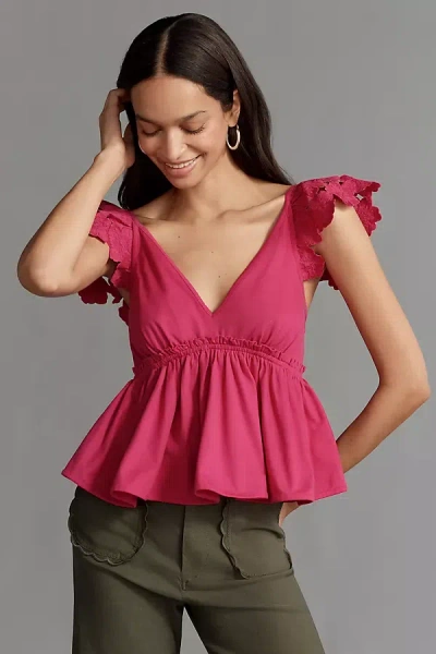 By Anthropologie Cotton Flutter-sleeve V-neck Babydoll Top In Pink
