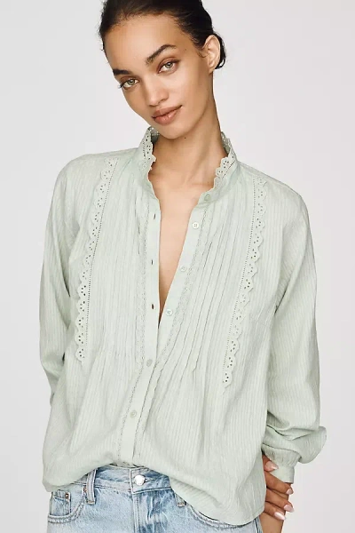 By Anthropologie Cotton Lace Buttondown Blouse In Green