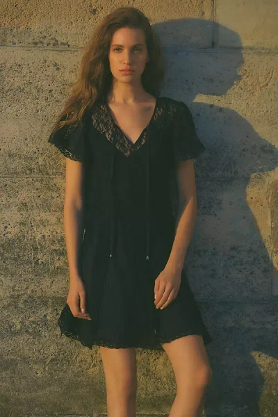 By Anthropologie Cotton Lace Godet Mini Dress In Black