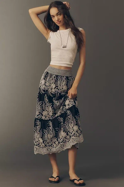 By Anthropologie Cotton Tiered Midi Skirt In Blue