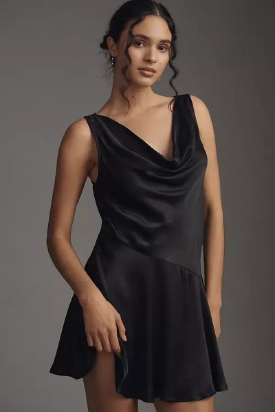 By Anthropologie Cowl-neck Satin Mini Dress In Black