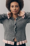 By Anthropologie Crew-neck Ruffled Cardigan Sweater In Gray