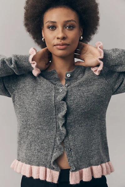 By Anthropologie Crew-neck Ruffled Cardigan Sweater In Gray