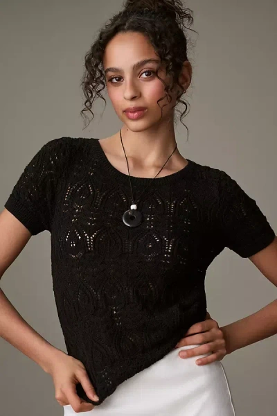 By Anthropologie Crochet Stitched Sweater Tee In Black
