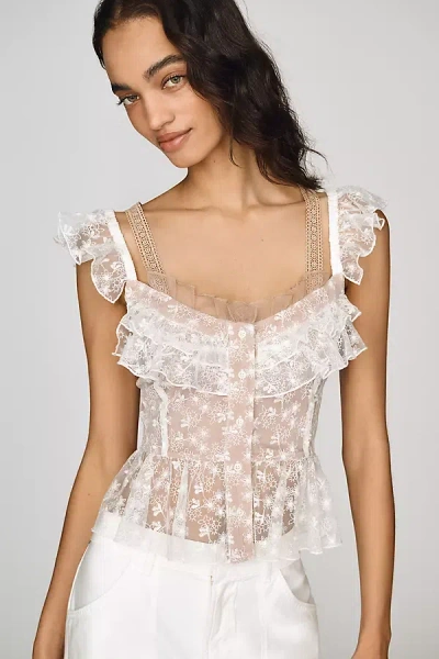 By Anthropologie Cropped Lace Ruffle Tank Top In White