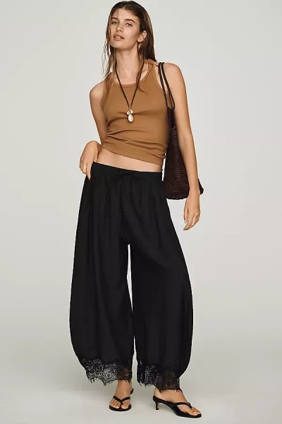 By Anthropologie Cropped Lace-hem Pants In Black