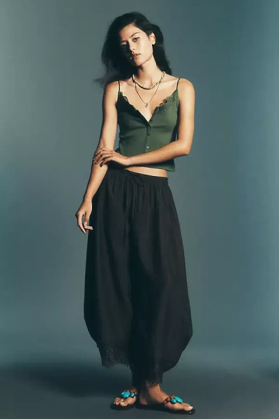 By Anthropologie Cropped Lace-hem Pants In Black