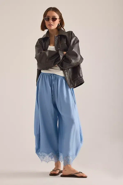 By Anthropologie Cropped Lace-hem Trousers In Blue