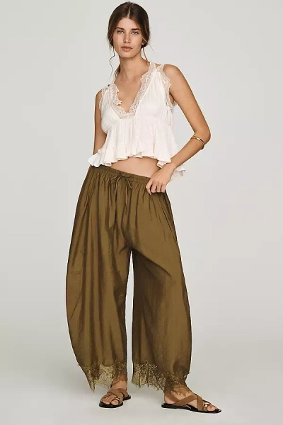 By Anthropologie Cropped Lace-hem Trousers In Green
