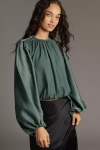 By Anthropologie Cropped Puff-sleeve Bubble-hem Blouse In Green