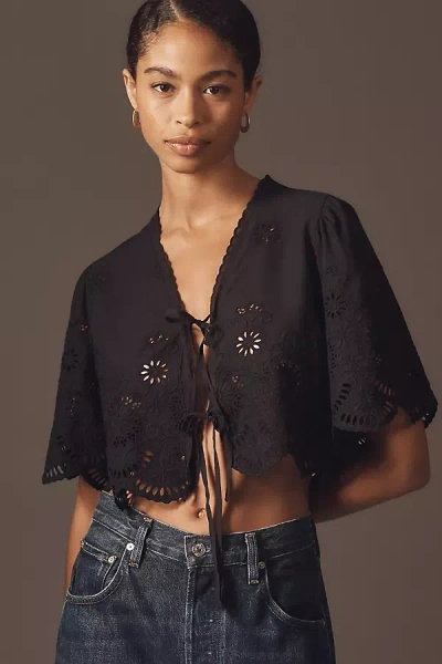 By Anthropologie Cropped Tie-front Top In Black