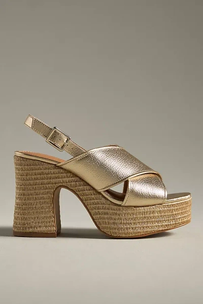 By Anthropologie Cross-strap Woven Platform Sandals In Gold