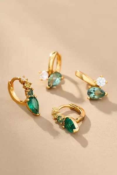 By Anthropologie Crystal & Stone Huggie Hoop Earrings, Set Of 2 In Gold