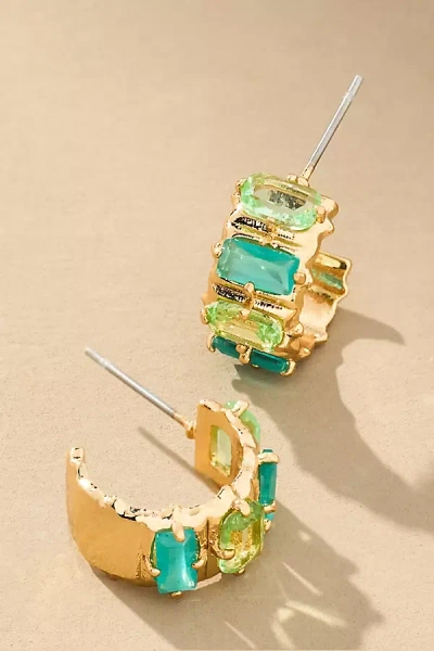 By Anthropologie Crystal Baguette Huggie Hoop Earrings In Green