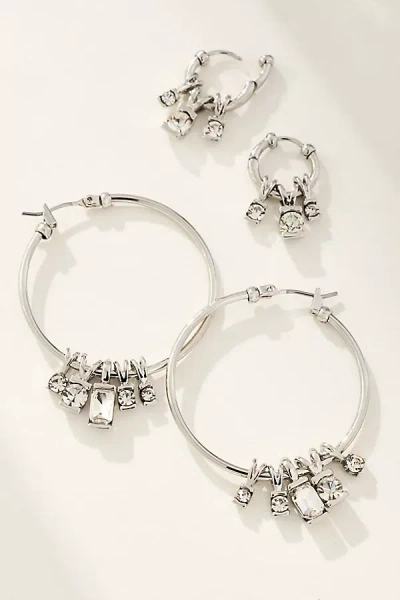 By Anthropologie Crystal Charm Hoop Earrings, Set Of 2 In Silver