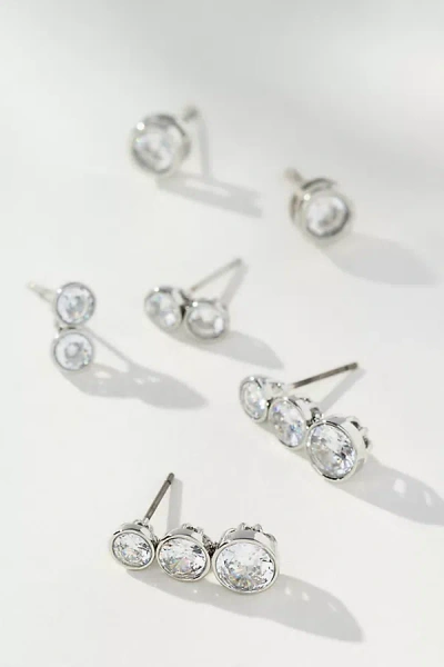 By Anthropologie Crystal Drop Earrings, Set Of 3 In Silver