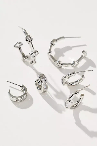 By Anthropologie Crystal Earrings, Set Of 3 In Silver