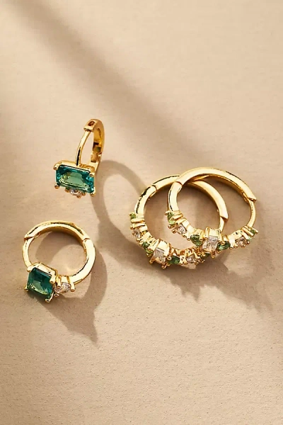 By Anthropologie Delicate Crystal Huggie Hoop Earrings, Set Of 2 In Green