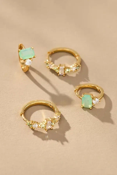 By Anthropologie Delicate Crystal Huggie Hoop Earrings, Set Of 2 In Green
