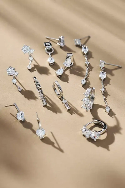 By Anthropologie Delicate Crystal Huggie Hoop Earrings, Set Of 6 In Silver