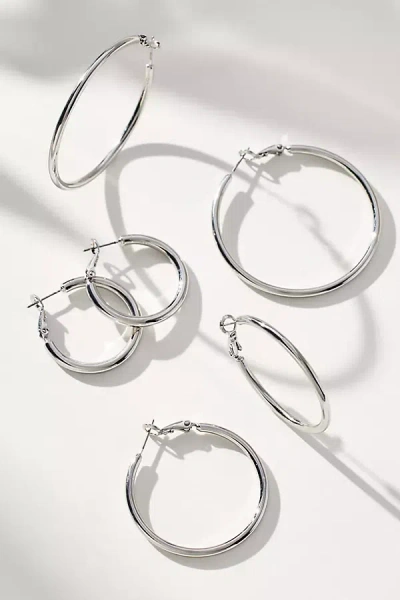 By Anthropologie Delicate Hoop Earrings, Set Of 3 In Silver