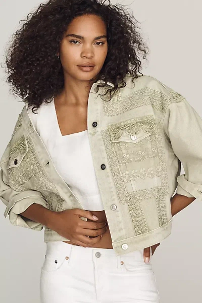 By Anthropologie Denim Lace Trucker Jacket In Green
