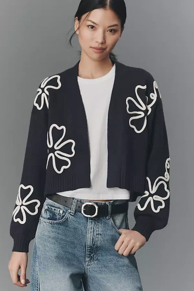 By Anthropologie Dimensional Floral Motif Crop Cardigan In Black