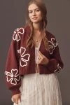 By Anthropologie Dimensional Floral Motif Crop Cardigan In Burgundy