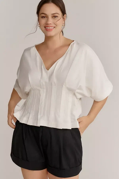 By Anthropologie Dolman-sleeve Pleated V-neck Top In White