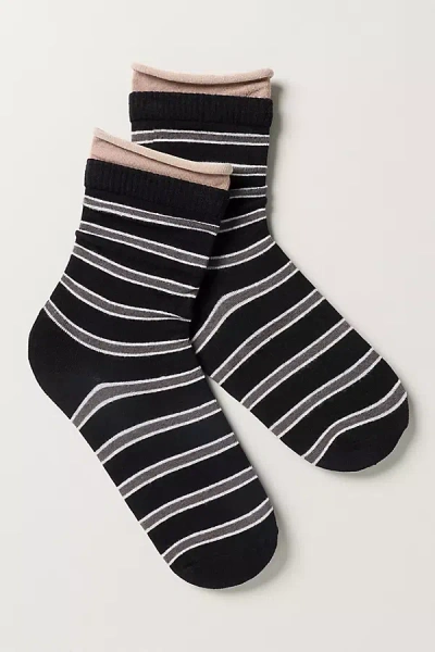 By Anthropologie Double Cuff Stripe Socks In Black