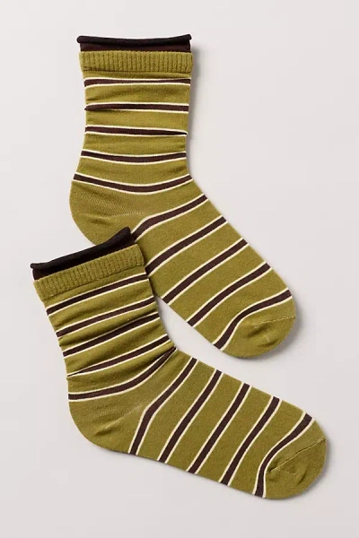 By Anthropologie Double Cuff Stripe Socks In Green