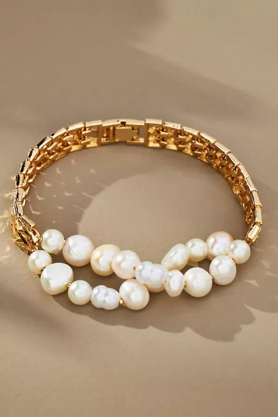 By Anthropologie Double Pearl Watchband Bracelet In Gold