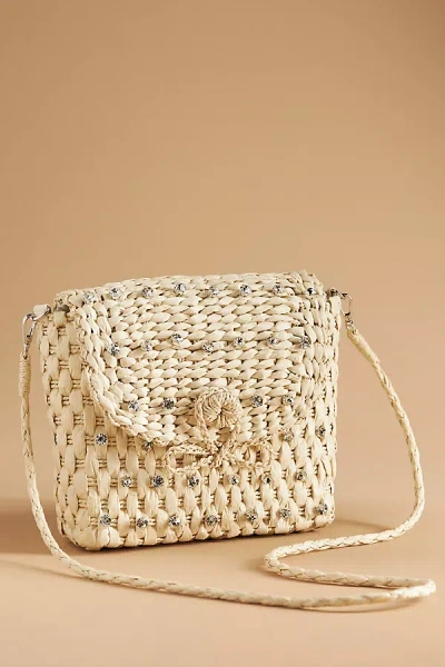 By Anthropologie Embellished Straw Crossbody Bag In Neutral