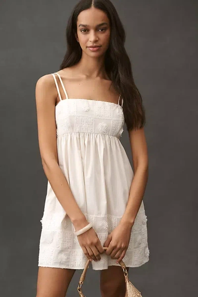 By Anthropologie Embroidered Cotton Sleeveless Square-neck Mini Babydoll Dress In Beige