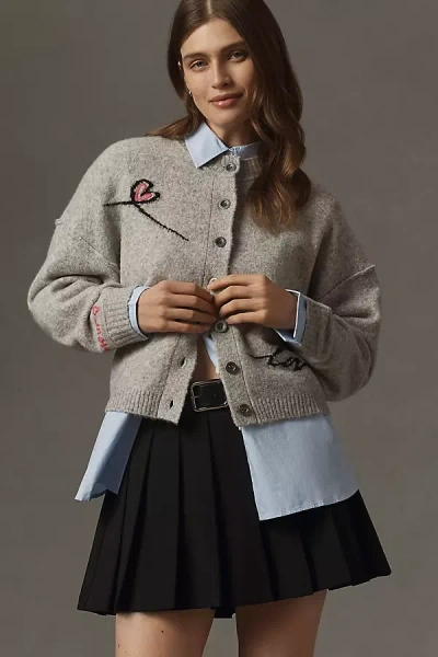 By Anthropologie Embroidered Heart Crew-neck Cardigan Sweater In Gray
