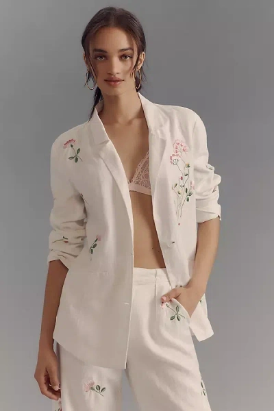 By Anthropologie Embroidered Linen Blazer In White
