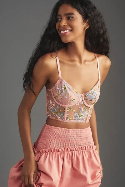 By Anthropologie Embroidered Mesh Corset Top In Pink