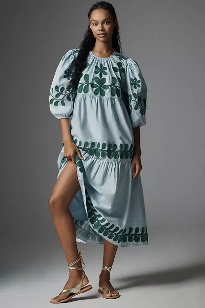 By Anthropologie Embroidered Puff-sleeve Midi Dress In Blue