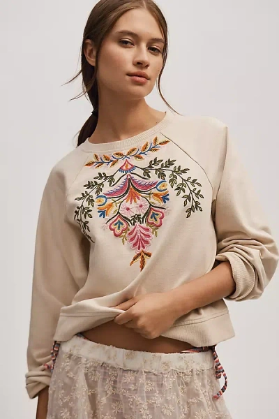By Anthropologie Embroidered Short Sleeve Sweatshirt In Beige
