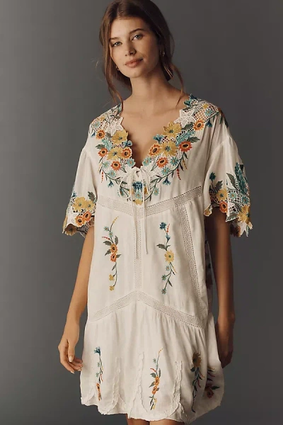 By Anthropologie Embroidered Short-sleeve Mini Swing Dress In Neutral